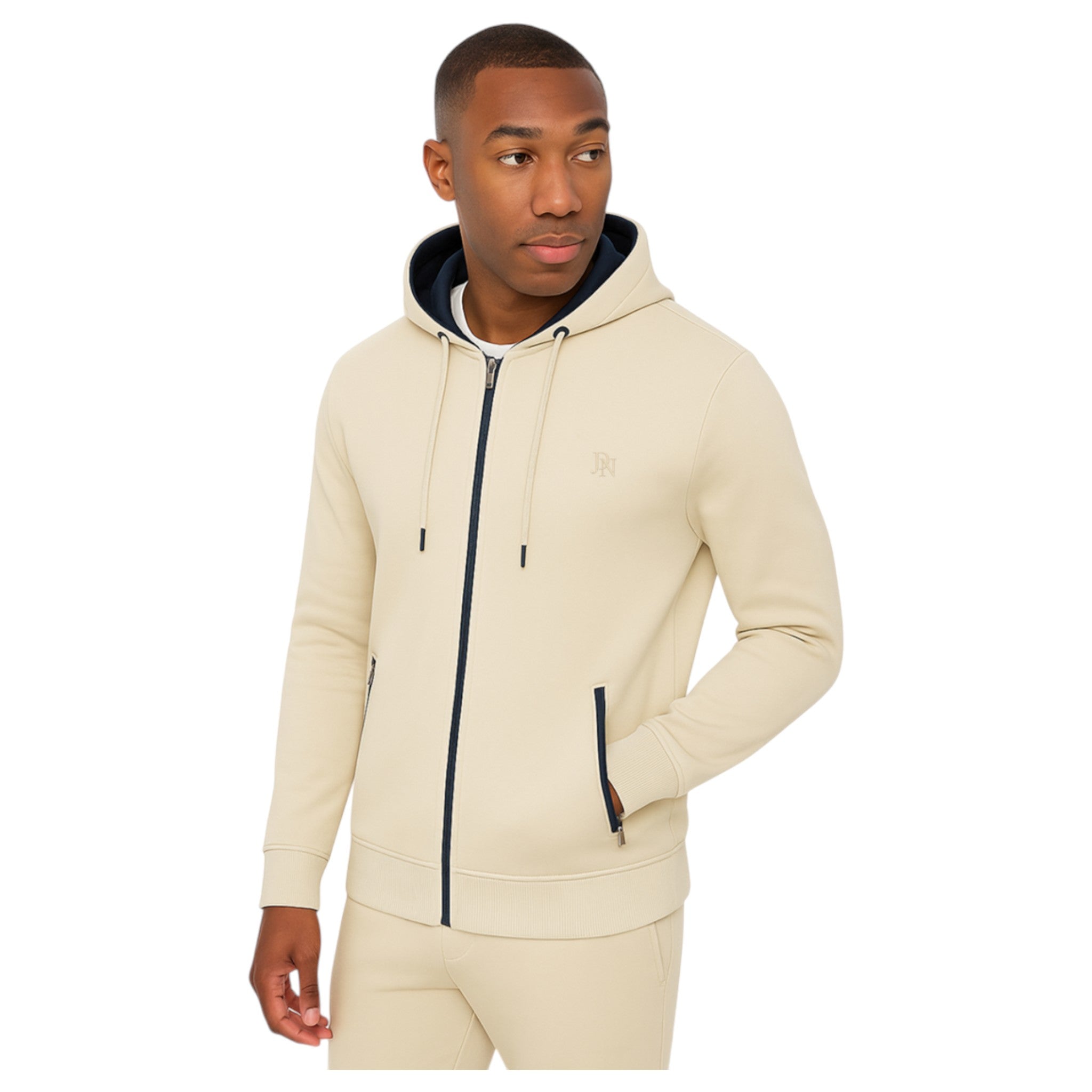Men's JDN full zip hoodie in stone with drawstring hood and side zip pockets